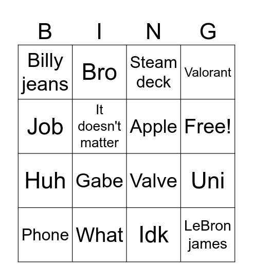 Jono Bingo Card