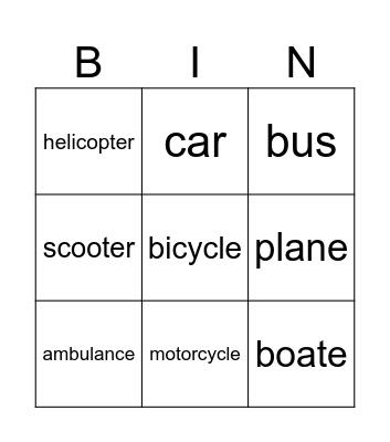 transportation Bingo Card