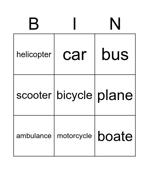 transportation Bingo Card