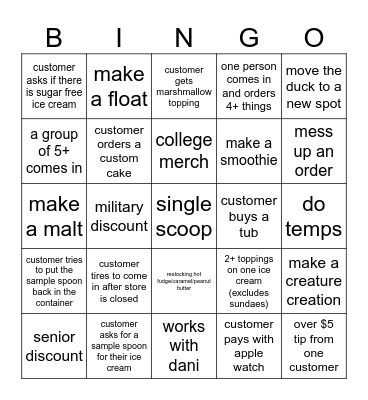 6/15/2024 closing shift Bingo Card