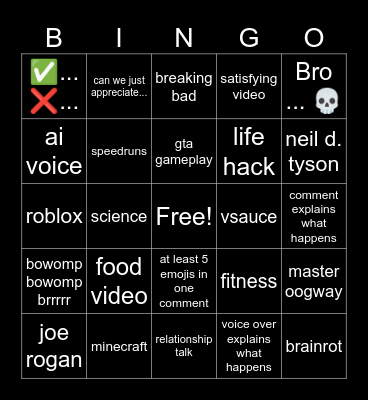 shorts bingo Card