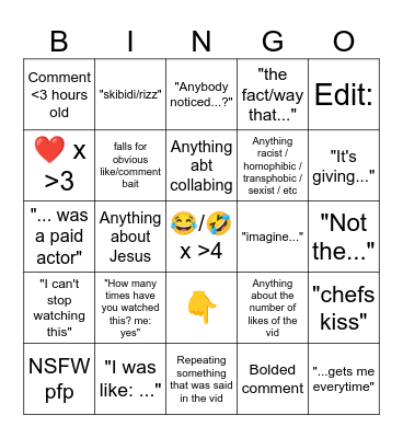 YouTube Shorts Comments BINGO Card