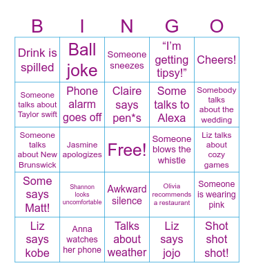 Bachelorette Bingo Card