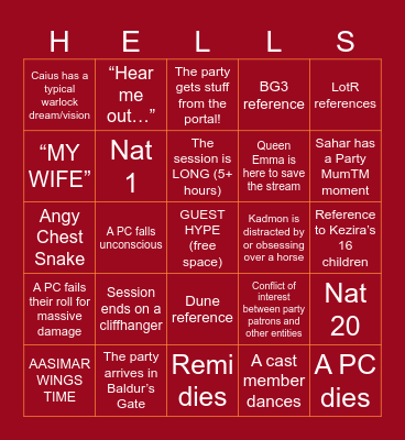 DESCEND - Session 11 Bingo Card