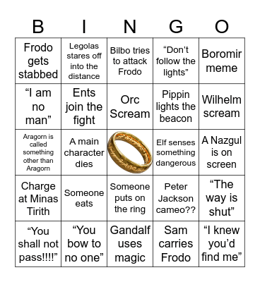 Lord of the Rings Marathon Bingo Card