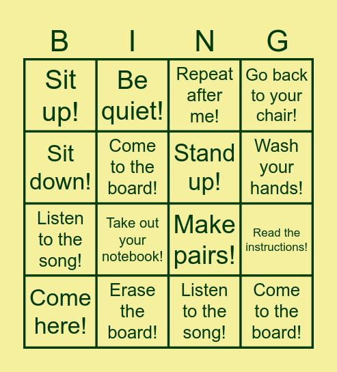 Classroom Instructions Bingo Card
