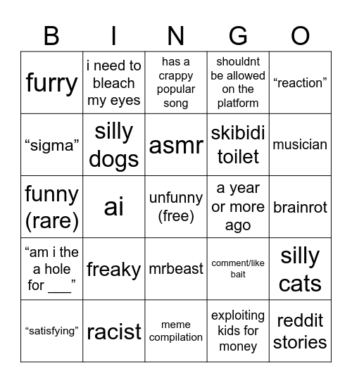 youtube shorts Bingo Card