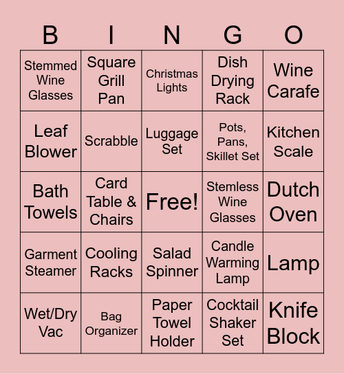 Wedding Gift Bingo Card