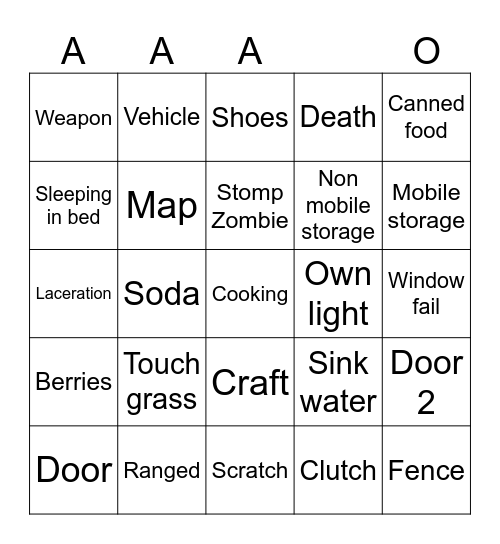 Zomboid bingo Card
