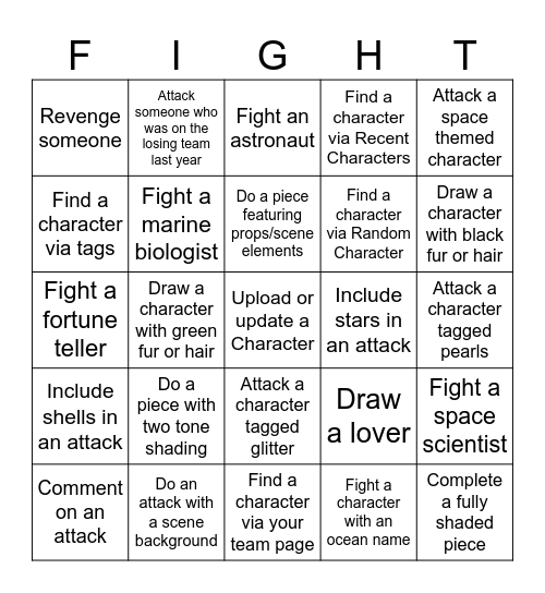 Seafoam vs Stardust (Art Fight '24) Bingo Card