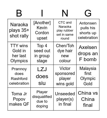 Olympic Badminton Bingo Card