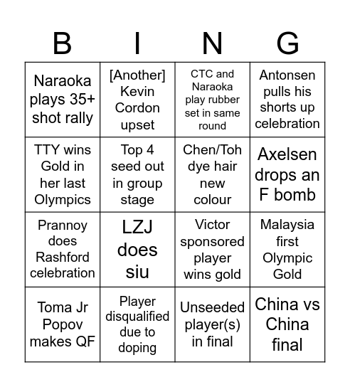 Olympic Badminton Bingo Card