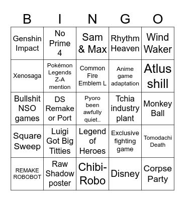 Nintendo Direct June 2024 Bingo Card