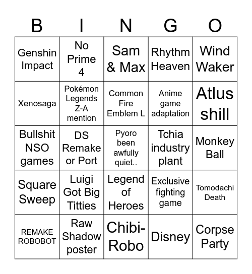 Nintendo Direct June 2024 Bingo Card