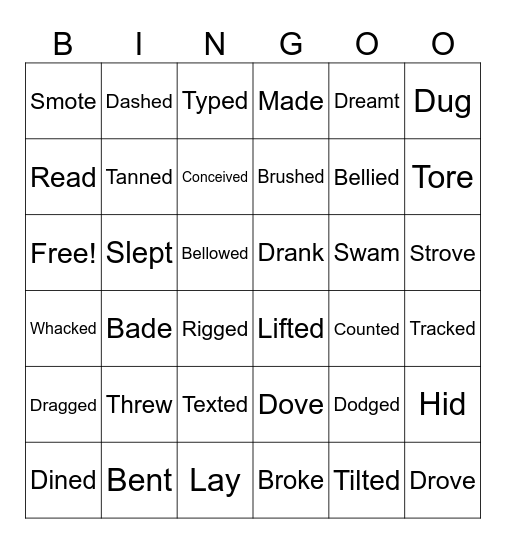 Regular and Irregular Verbs Bingo Card