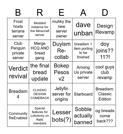 BREADISM BINGO! Bingo Card