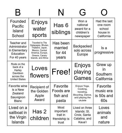 Sea Peterson Bingo Card