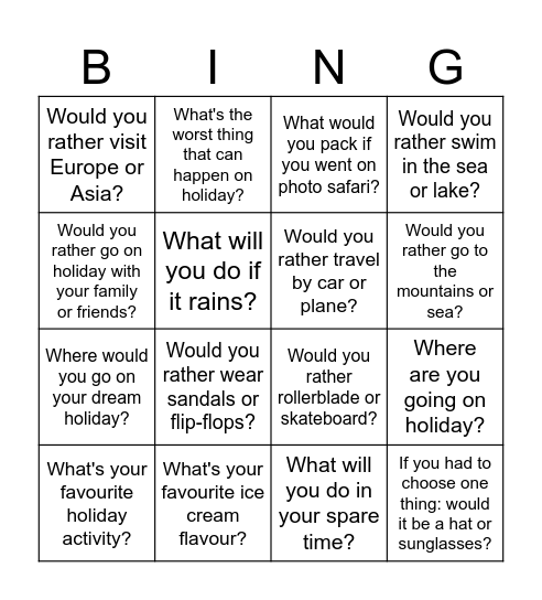 Summer Holiday Bingo Card