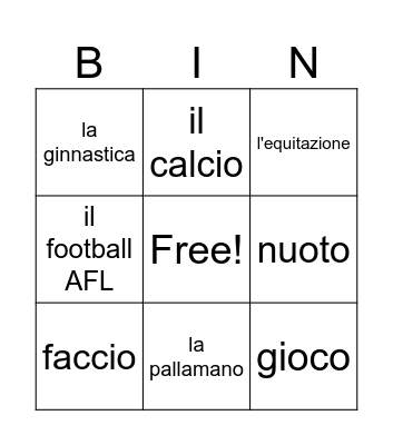 gli sport in Italian Bingo Card