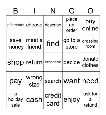 past tense shoppping Bingo Card