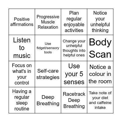Anxiety Coping Skills Bingo Card