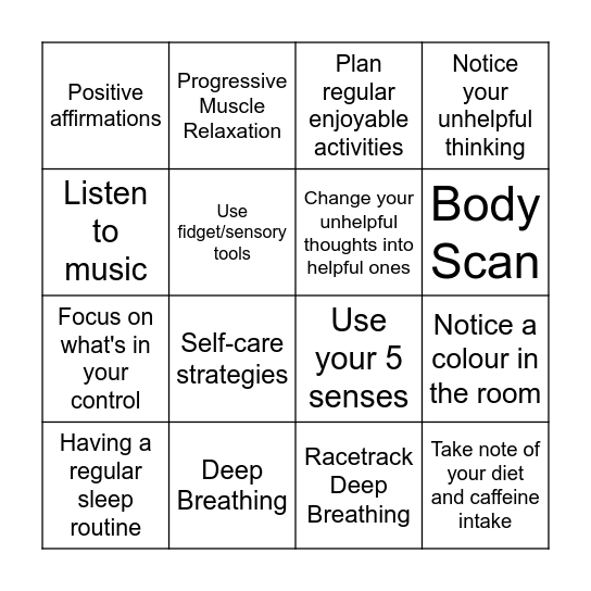 Anxiety Coping Skills Bingo Card