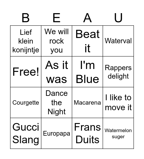 Beau's foute muziek Bingo Show Bingo Card