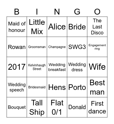 Alice’s Hen Do Bingo Card