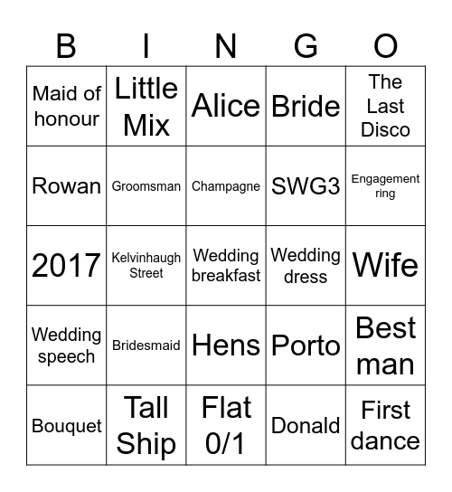 Alice’s Hen Do Bingo Card