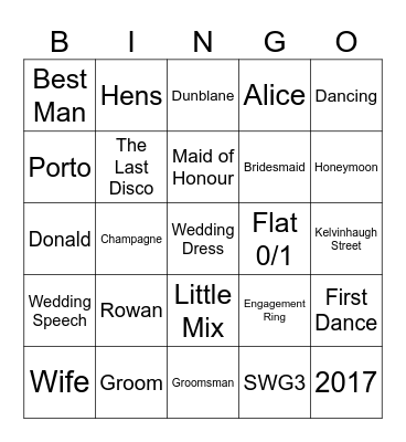 Alice’s Hen Do Bingo Card