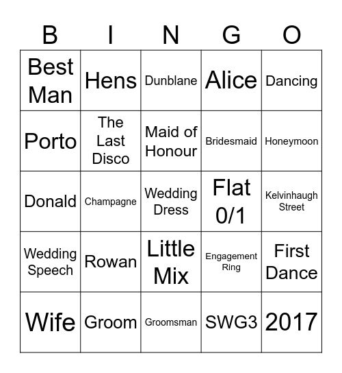 Alice’s Hen Do Bingo Card