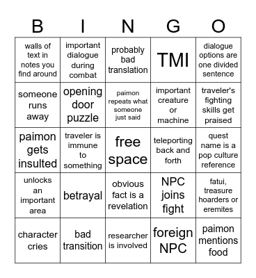 genshin quest bingo Card