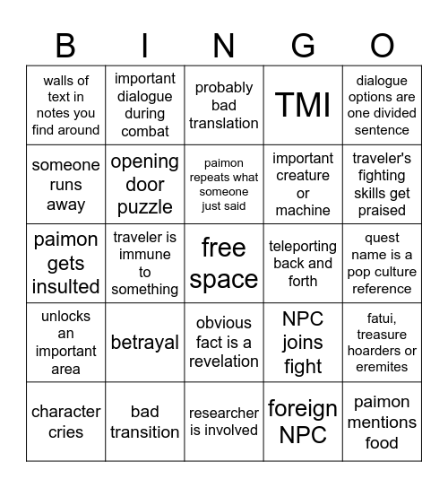 genshin quest bingo Card