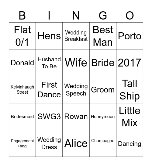 Alice’s Hen Do Bingo Card