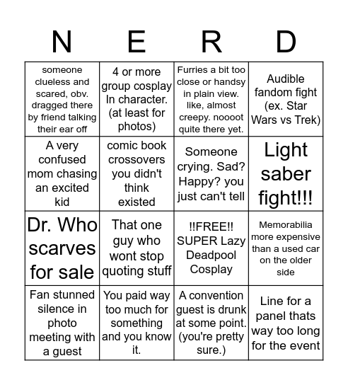 Nerd Convention Bingo Card