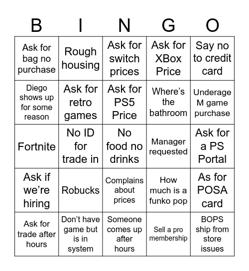 GameStop Bingo Card