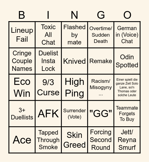 Schamlorant Bongo Bingo Card