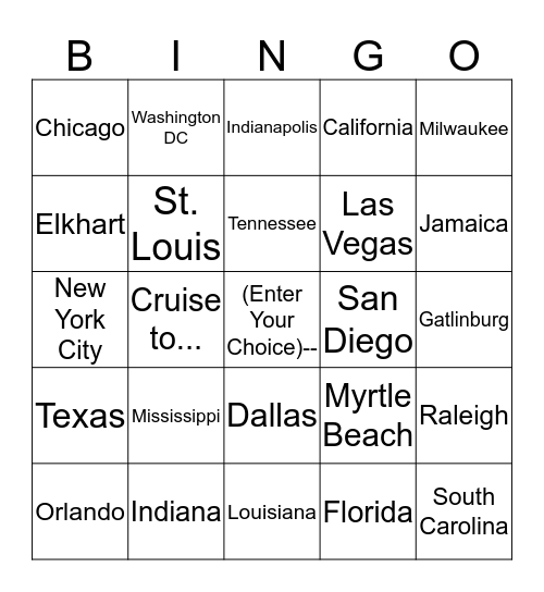 Where To Next...Destination Bingo Card