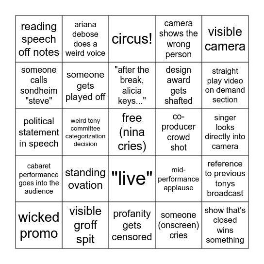 The 77th Annual Tony Awards Bingo Card