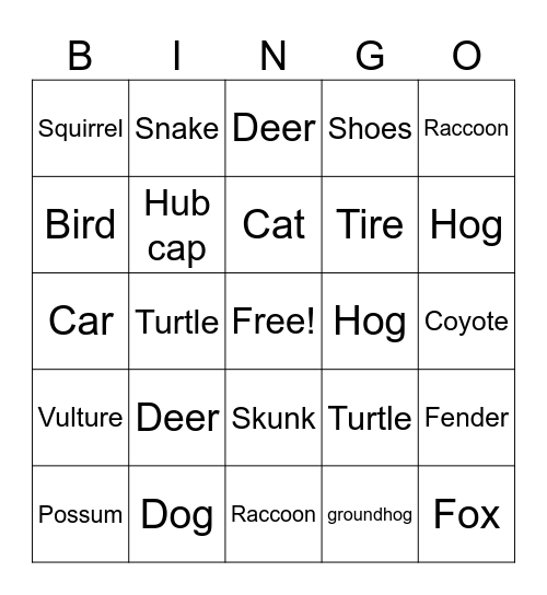 Roadkill Bingo Card