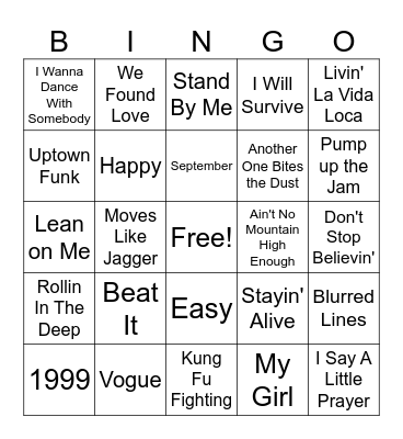 Hit Songs Bingo Card