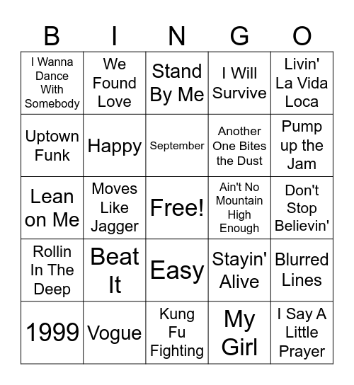 Hit Songs Bingo Card