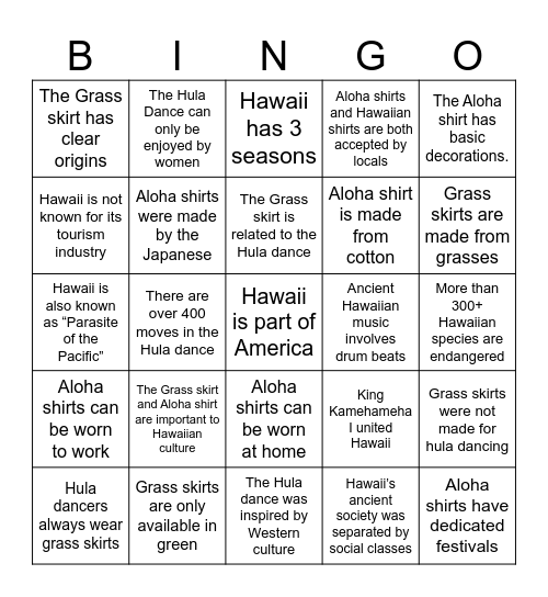 Aloha Bingo Card