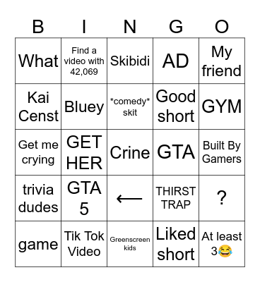 YouTube shorts Bingo Card