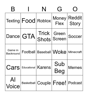 YT Shorts Bingo Card