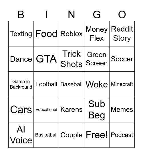 YT Shorts Bingo Card