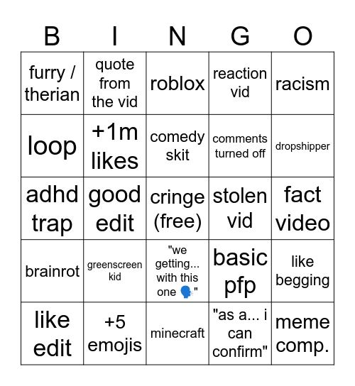 YT SHORTS AND COMMENTS BINGO Card