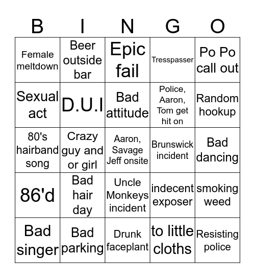 Uncle Monkey's Bngo Bingo Card