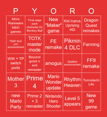 Nintendo Direct Bingo Card