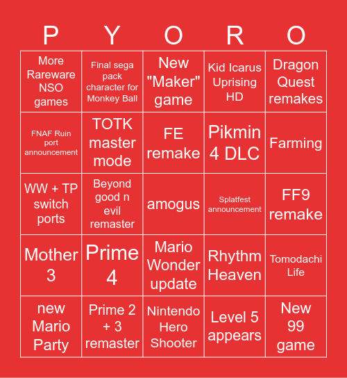 Nintendo Direct Bingo Card